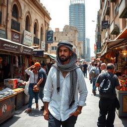 A Jordanian man confidently walking through downtown Amman, surrounded by the vibrant urban life of the city