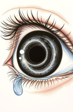 A detailed drawing of a single eye with a black hole in place of the pupil