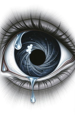 A detailed drawing of a single eye with a black hole in place of the pupil