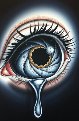 A detailed drawing of a single eye with a black hole in place of the pupil