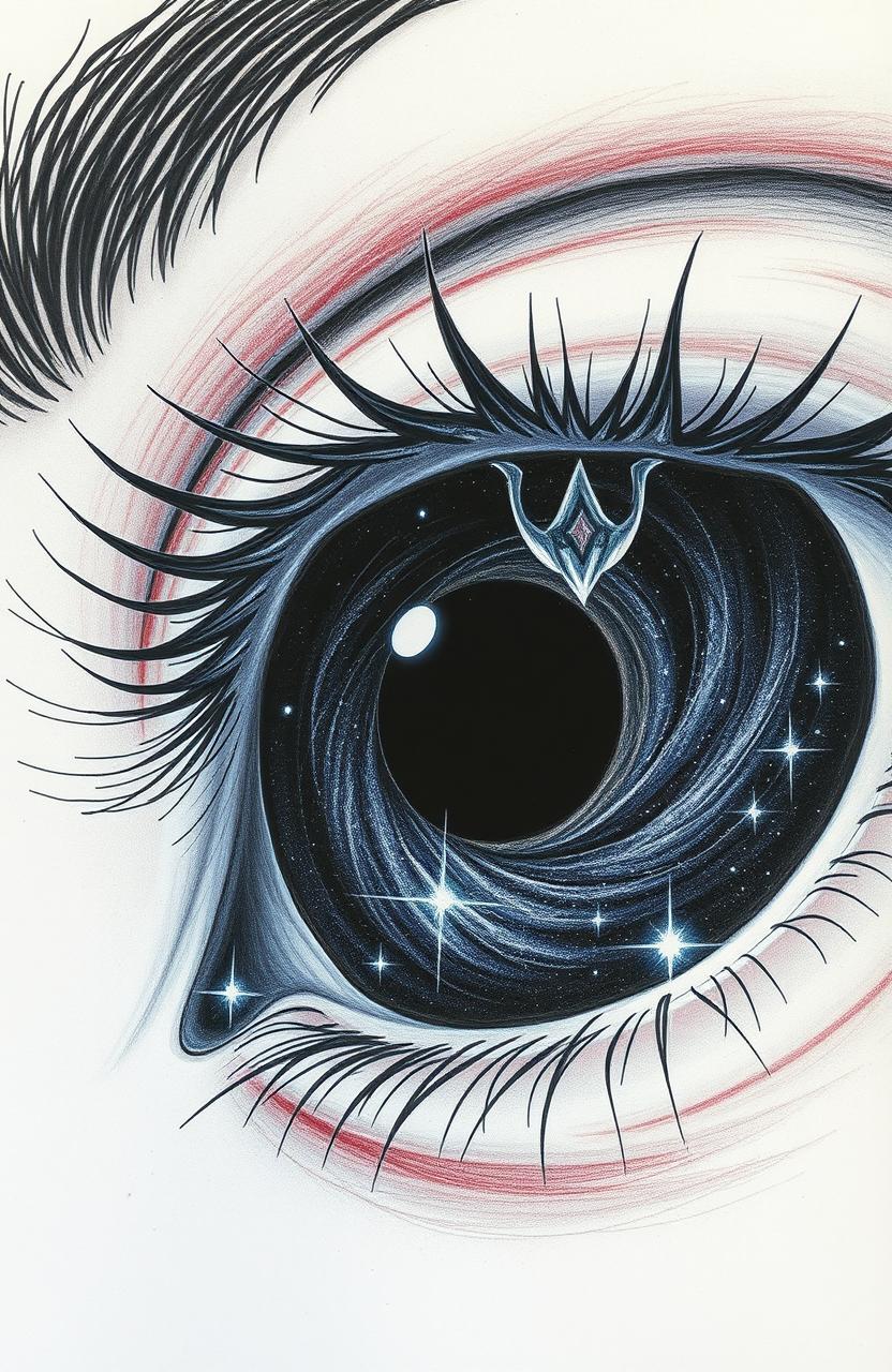 A detailed drawing of a single eye with a black hole in place of the pupil