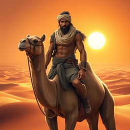 A fantastical creature with the upper body of a man and the lower body of a camel, set against a vast desert landscape under a blazing sun