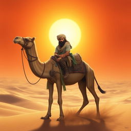 A fantastical creature with the upper body of a man and the lower body of a camel, set against a vast desert landscape under a blazing sun