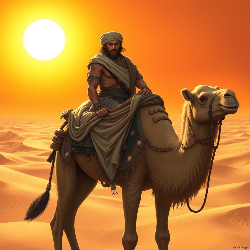 A fantastical creature with the upper body of a man and the lower body of a camel, set against a vast desert landscape under a blazing sun