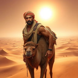 A fantastical creature with the upper body of a man and the lower body of a camel, set against a vast desert landscape under a blazing sun