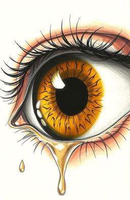 A detailed drawing of a singular amber eye with a striking, deep black hole at its center