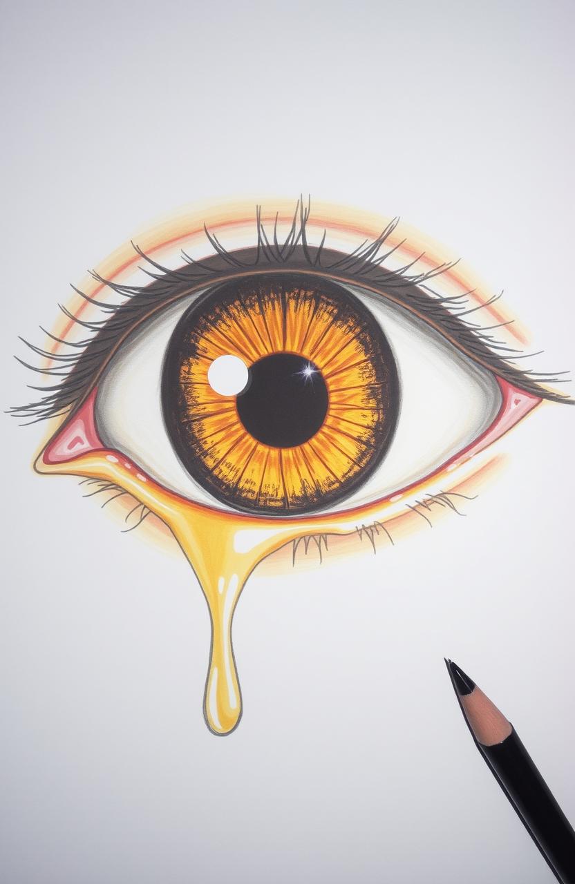 A detailed drawing of a singular amber eye with a striking, deep black hole at its center