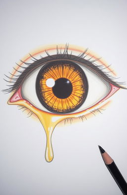 A detailed drawing of a singular amber eye with a striking, deep black hole at its center