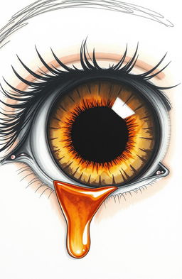 A detailed drawing of a singular amber eye with a striking, deep black hole at its center