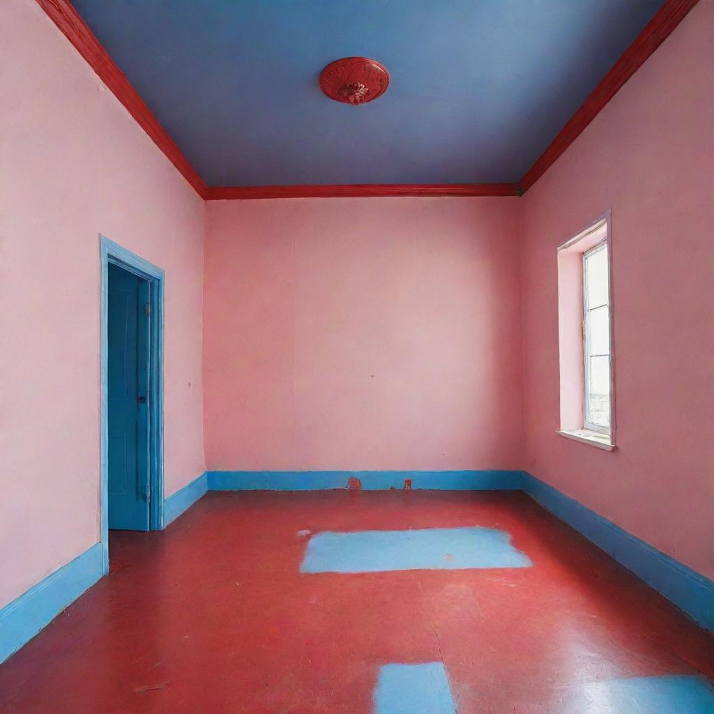 An interior view of a room with pink walls, a blue floor, and a red ceiling