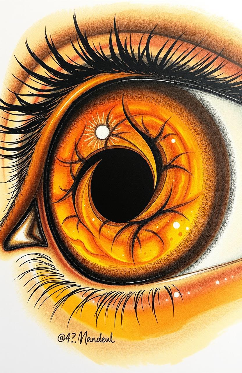 a captivating drawing of an amber eye, the pupil transformed into a swirling black hole, capturing the viewer's attention with a mesmerizing pull