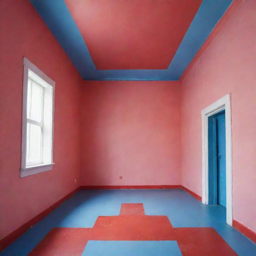 An interior view of a room with pink walls, a blue floor, and a red ceiling