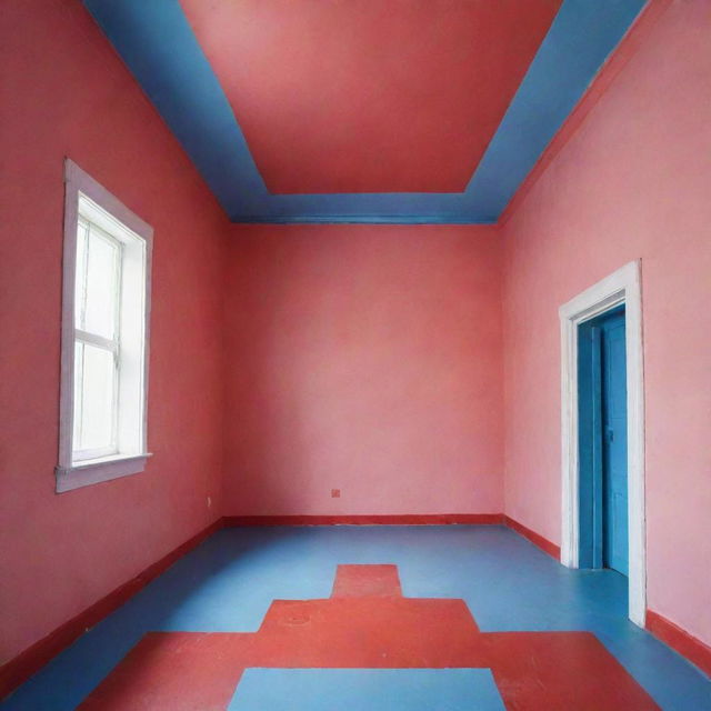 An interior view of a room with pink walls, a blue floor, and a red ceiling