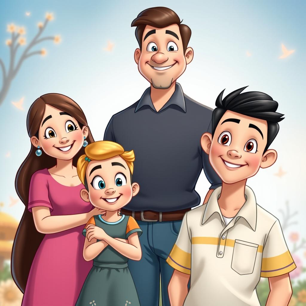 A family portrait in Disney style, featuring a father standing proudly in the middle