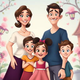 A family portrait in Disney style, featuring a father standing proudly in the middle