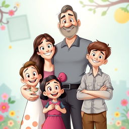 A family portrait in Disney style, featuring a father standing proudly in the middle