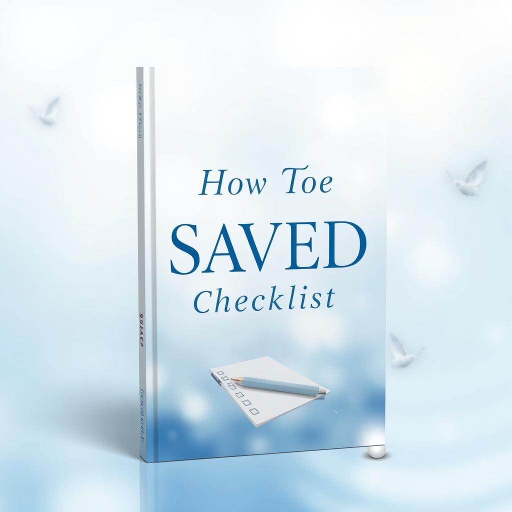 A captivating ebook cover for 'How To Be Saved Checklist', featuring a calming background with soft blue and white tones