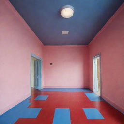 An interior view of a room with pink walls, a blue floor, and a red ceiling