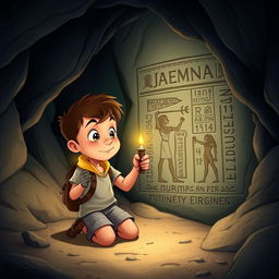 A Disney style cartoon depicting a young boy on one knee inside a mysterious cave