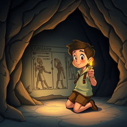 A Disney style cartoon depicting a young boy on one knee inside a mysterious cave