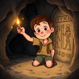 A Disney style cartoon depicting a young boy on one knee inside a mysterious cave