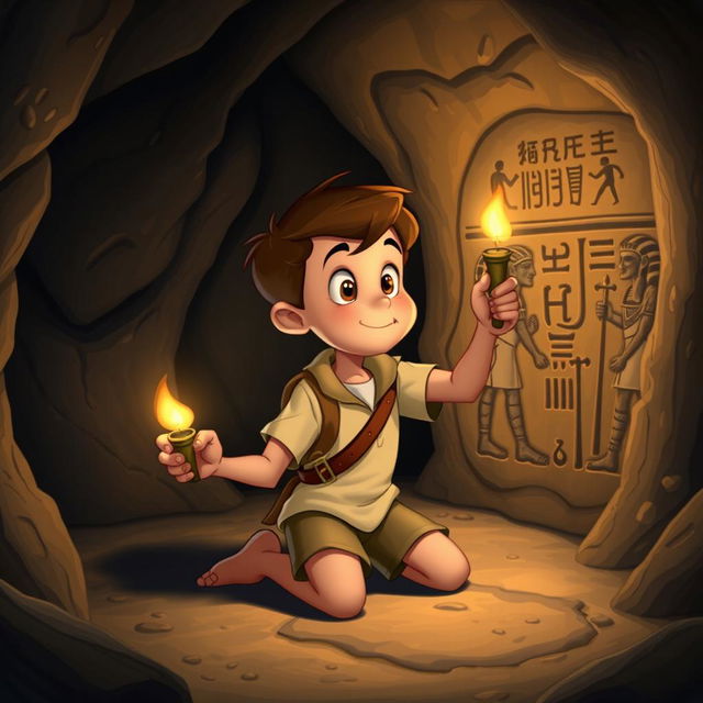 A Disney style cartoon depicting a young boy on one knee inside a mysterious cave