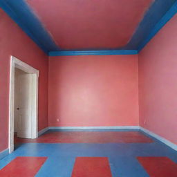 An interior view of a room with pink walls, a blue floor, and a red ceiling