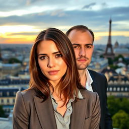 A beautiful woman with brown hair, wearing a suit and a shirt, is standing in the foreground