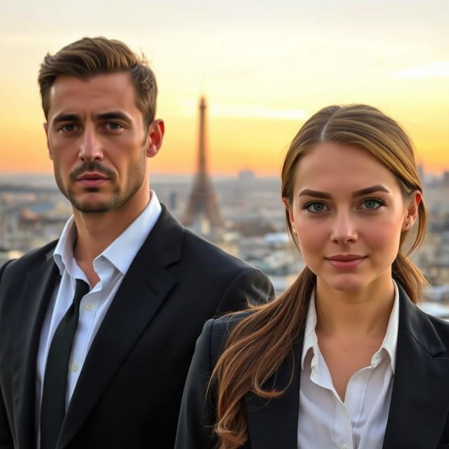 A beautiful woman with brown hair, wearing a suit and a shirt, is standing in the foreground