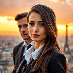 A beautiful woman with brown hair, wearing a suit and a shirt, is standing in the foreground