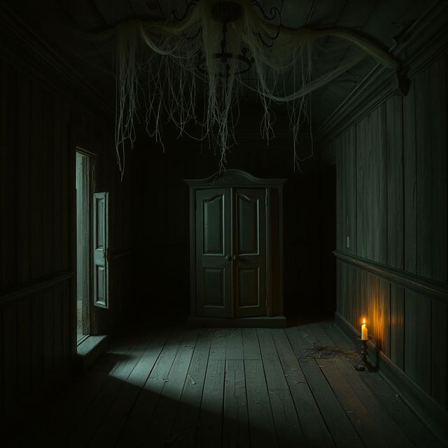Abandoned horror house with dark, weathered wooden walls and eerie cobwebs hanging from the ceiling