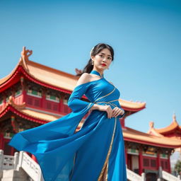 Chun Li standing in a blue dress against a backdrop of a grand red Chinese temple