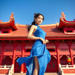 Chun Li standing in a blue dress against a backdrop of a grand red Chinese temple