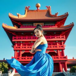 Chun Li standing in a blue dress against a backdrop of a grand red Chinese temple