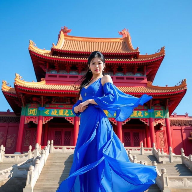 Chun Li standing in a blue dress against a backdrop of a grand red Chinese temple