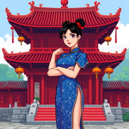 Chun Li wearing her iconic blue qipao dress, standing confidently in front of a red Chinese temple