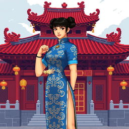 Chun Li wearing her iconic blue qipao dress, standing confidently in front of a red Chinese temple