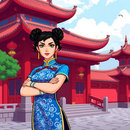 Chun Li wearing her iconic blue qipao dress, standing confidently in front of a red Chinese temple