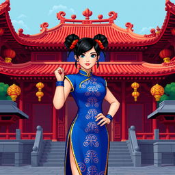 Chun Li wearing her iconic blue qipao dress, standing confidently in front of a red Chinese temple