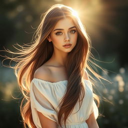 A beautiful girl with long flowing hair and an elegant expression, standing confidently in a serene setting