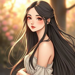 A beautiful girl with long flowing hair and an elegant expression, standing confidently in a serene setting