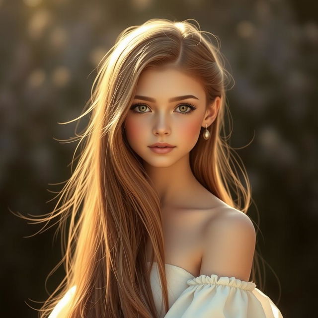 A beautiful girl with long flowing hair and an elegant expression, standing confidently in a serene setting