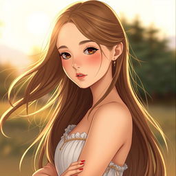 A beautiful girl with long flowing hair and an elegant expression, standing confidently in a serene setting