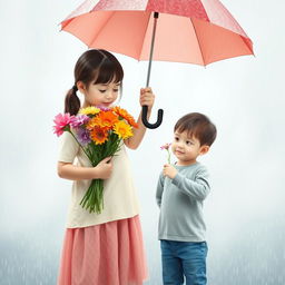 A serene scene featuring a young girl holding vibrant flowers while holding an umbrella over a young boy standing beside her in the rain