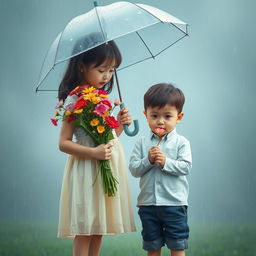 A serene scene featuring a young girl holding vibrant flowers while holding an umbrella over a young boy standing beside her in the rain