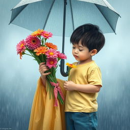 A serene scene featuring a young girl holding vibrant flowers while holding an umbrella over a young boy standing beside her in the rain