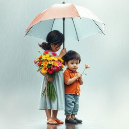 A serene scene featuring a young girl holding vibrant flowers while holding an umbrella over a young boy standing beside her in the rain