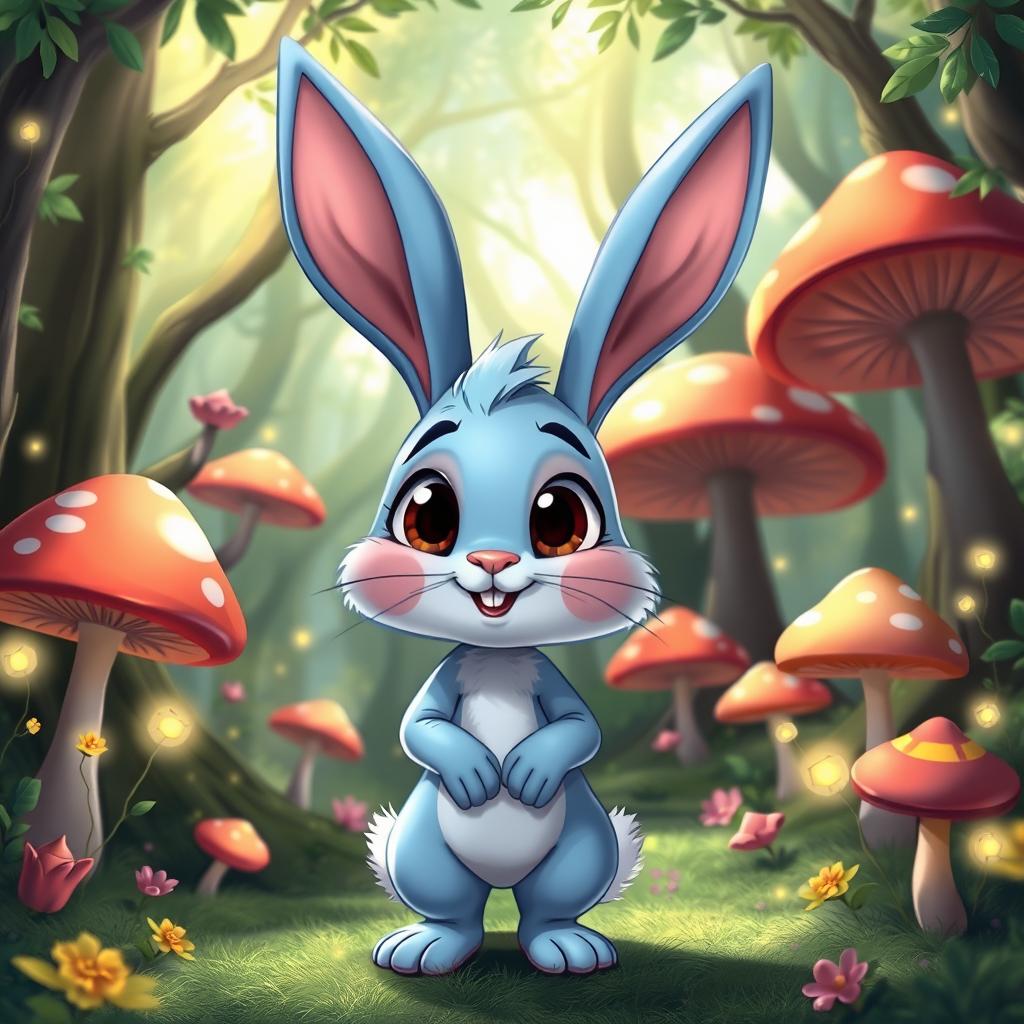 A cartoon blue rabbit with big, expressive eyes, standing upright and animatedly talking in an enchanted forest