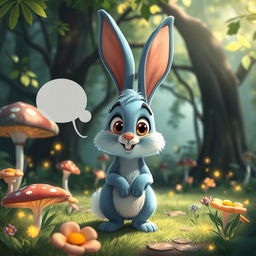 A cartoon blue rabbit with big, expressive eyes, standing upright and animatedly talking in an enchanted forest