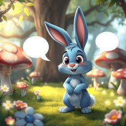 A cartoon blue rabbit with big, expressive eyes, standing upright and animatedly talking in an enchanted forest